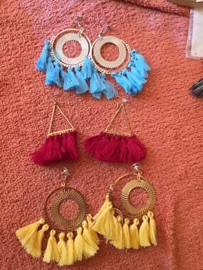 Boho Tassel Earrings Bundle Set of 3 Pairs Blue Red Yellow Statement Dangle...